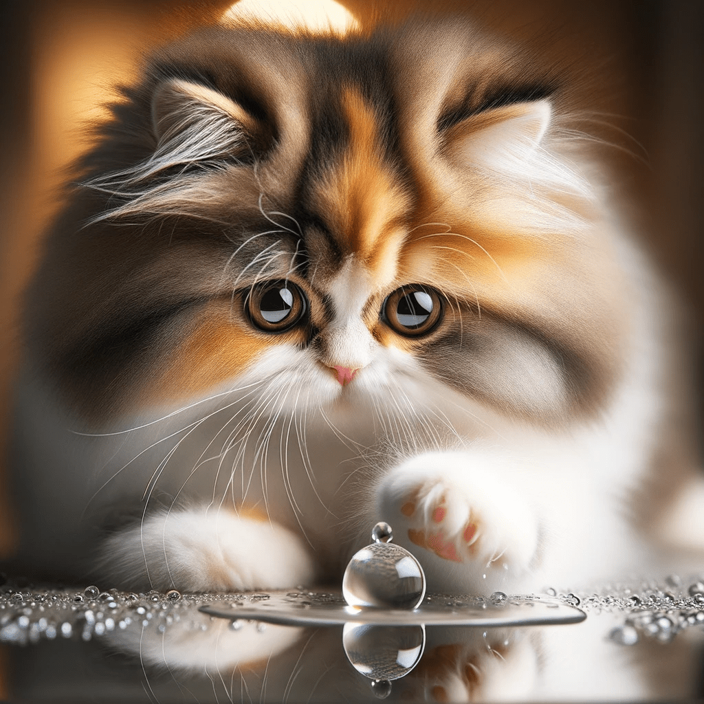 A close-up shot of a fluffy Persian kitten  playfully pawing at a water droplet