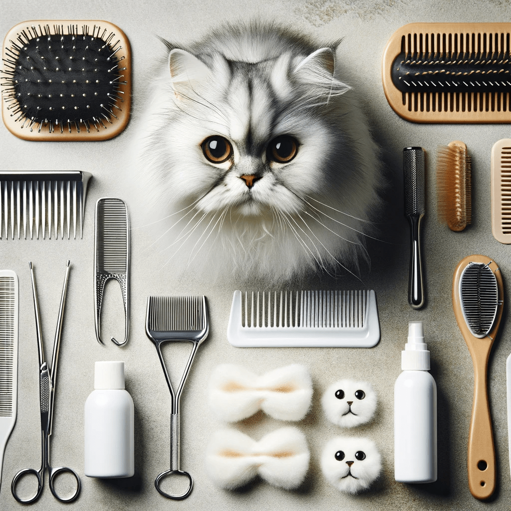 A variety of high-quality grooming tools specifically for Silver Shaded Persian Cats, including brushes, combs, and eye wipes