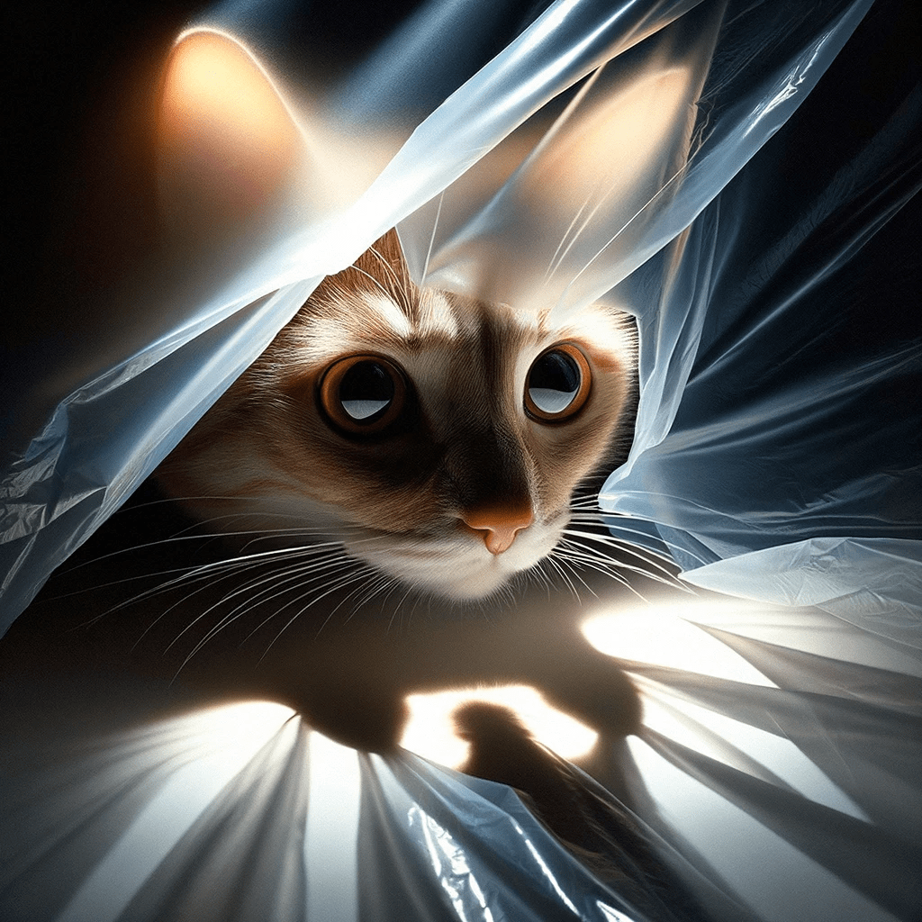 A visual showing a cat peering intently at a semi-transparent plastic bag, with emphasis on the shadows and light play through the bag