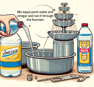 An image depicting the weekly cleaning ritual for a cat water fountain, showing both a bottle of vinegar and a bottle of water.