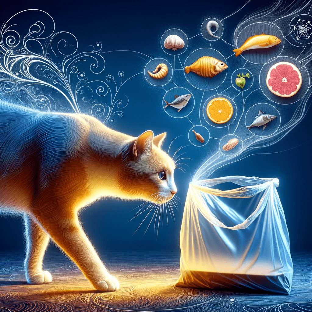  An representation of a cat sniffing a plastic bag, with visual cues like scent trails or icons representing different smells (meat, fish, etc