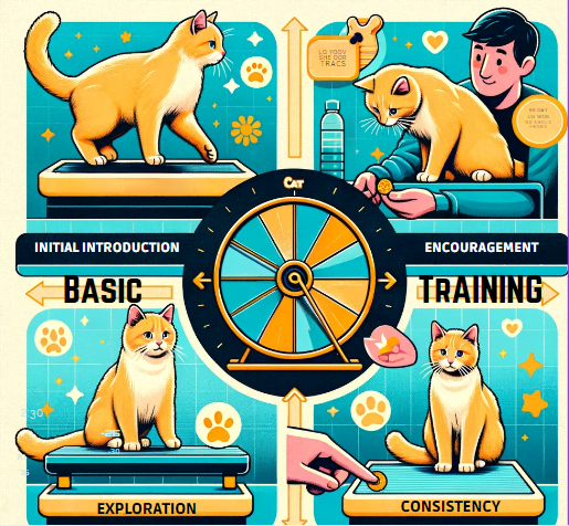 Infographic showing Basic Training Steps for cat exercise wheel