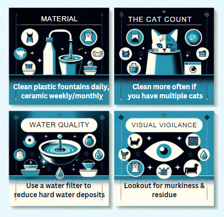 Infographic showing how often to clean cat water fountain