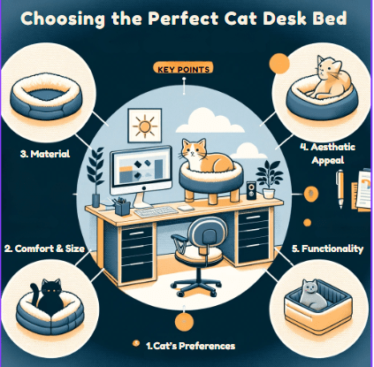 Infographic showng the key elements to decide on the perfect cat desk bed