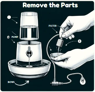 Process of cleaning cat water fountain showing the step of removing the parts