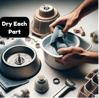 an image showing a dismantled cat water fountain and someone drying them with a towel