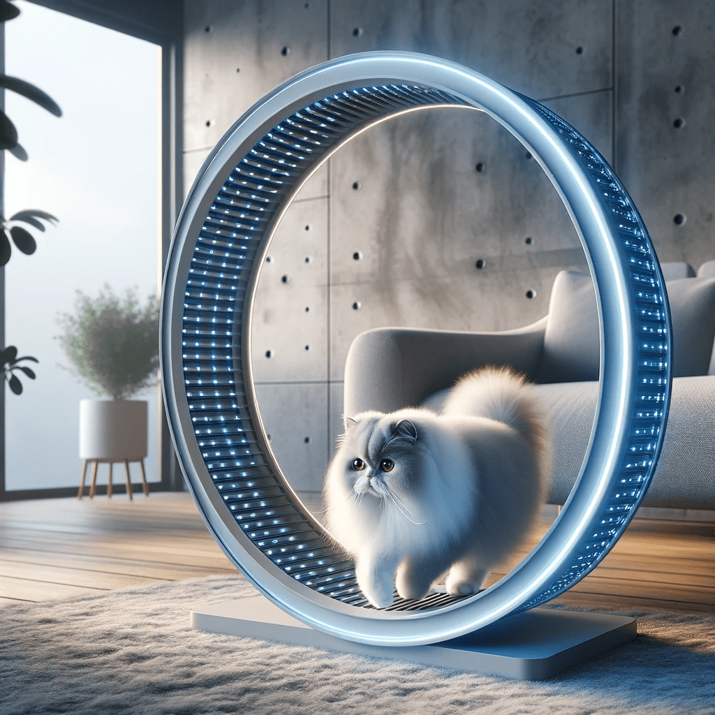 Image showing a brachycephalic cat (persian cat) using a cat exercise wheel