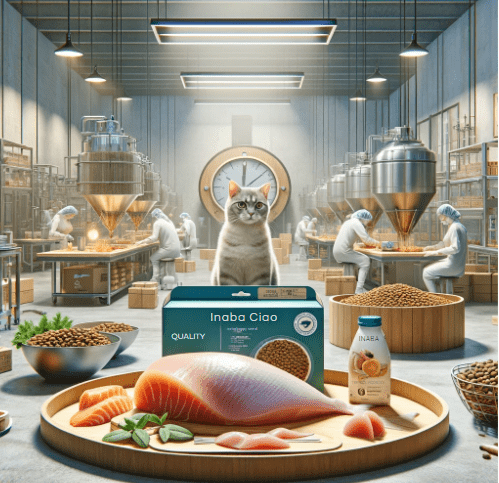 cat food production studio, showcasing high-quality ingredients like fresh chicken and tuna, symbolizing Inaba Ciao's quality and sourcing