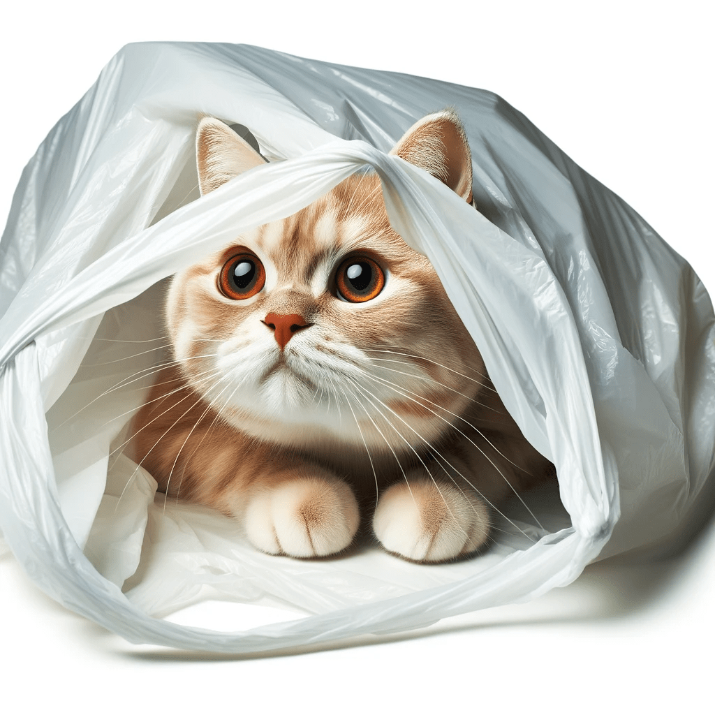 image of a cat peeking out from inside a plastic bag or crouching behind it, ready to pounce, illustrating the hiding and ambushing behavior