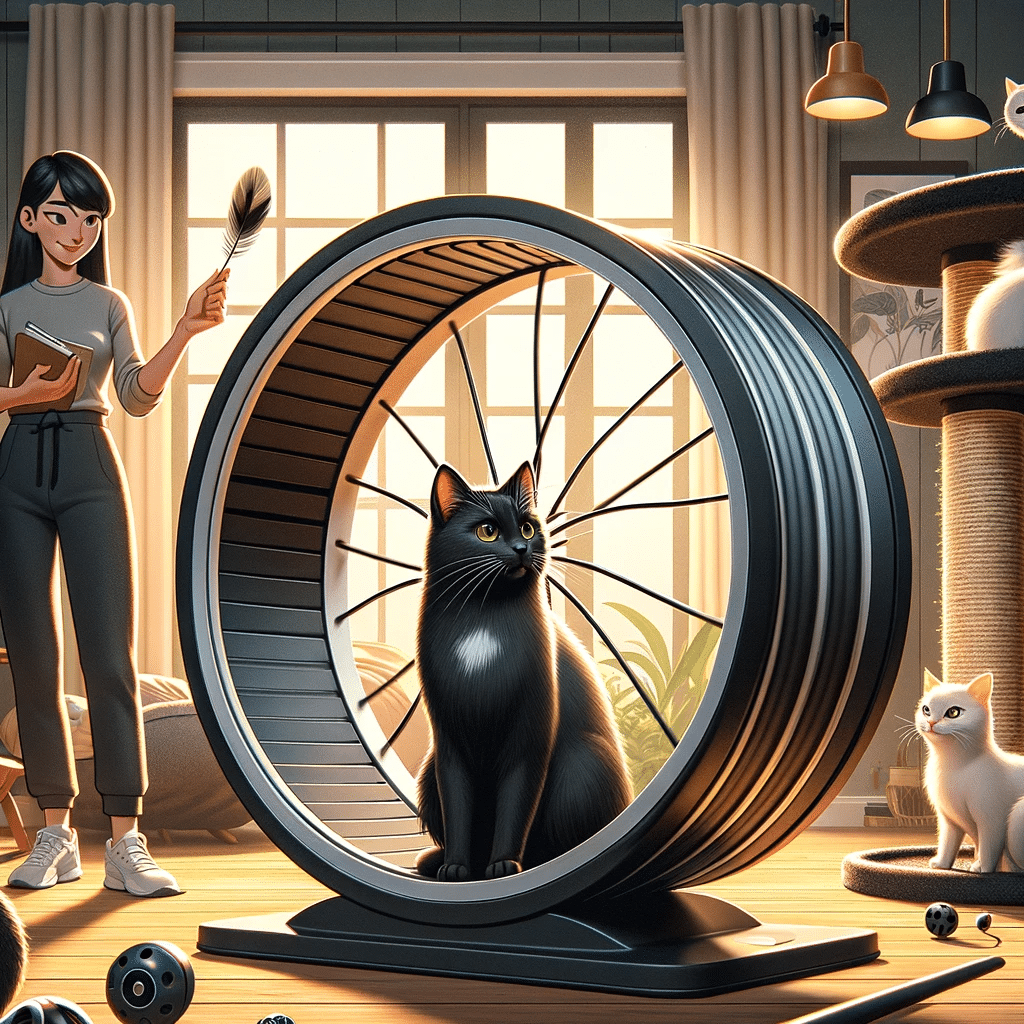 An image showcasing a person giving cat wheel training