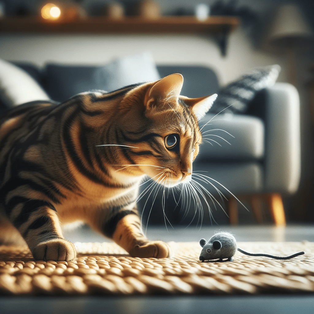 A domestic cat in an indoor setting, displaying its hunting instincts. The cat is elegantly poised, ready to pounce on a toy mouse with focused