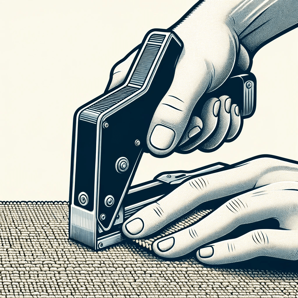Close-up illustration showing a hand fixing a carpet to a surface creating the DIY cat wheel