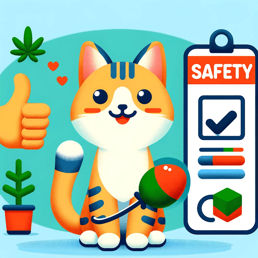 Graphic showing a happy cat playing with a catnip toy, with a safety checklist icon and a thumbs