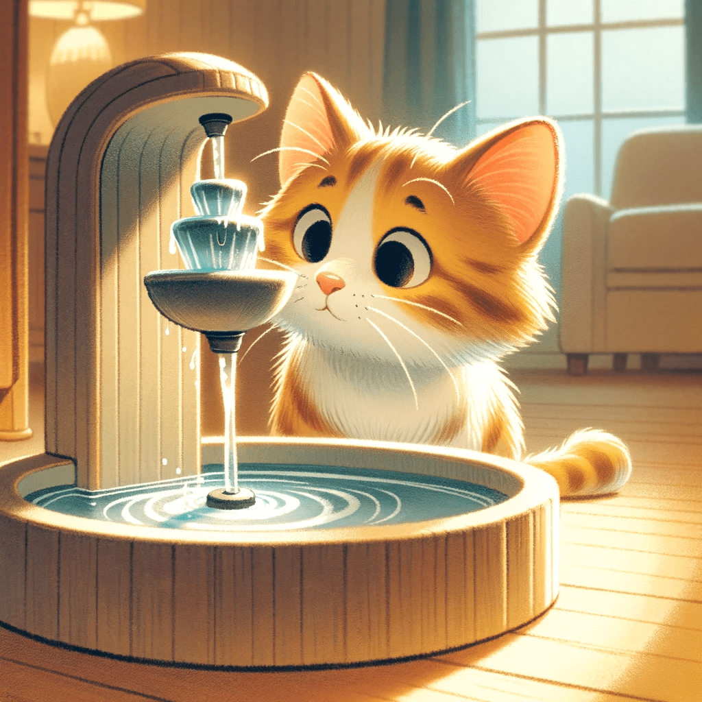 Illustration of a cat curiously investigating a water fountain. The cat is portrayed in a whimsical style, showing interest and fascination