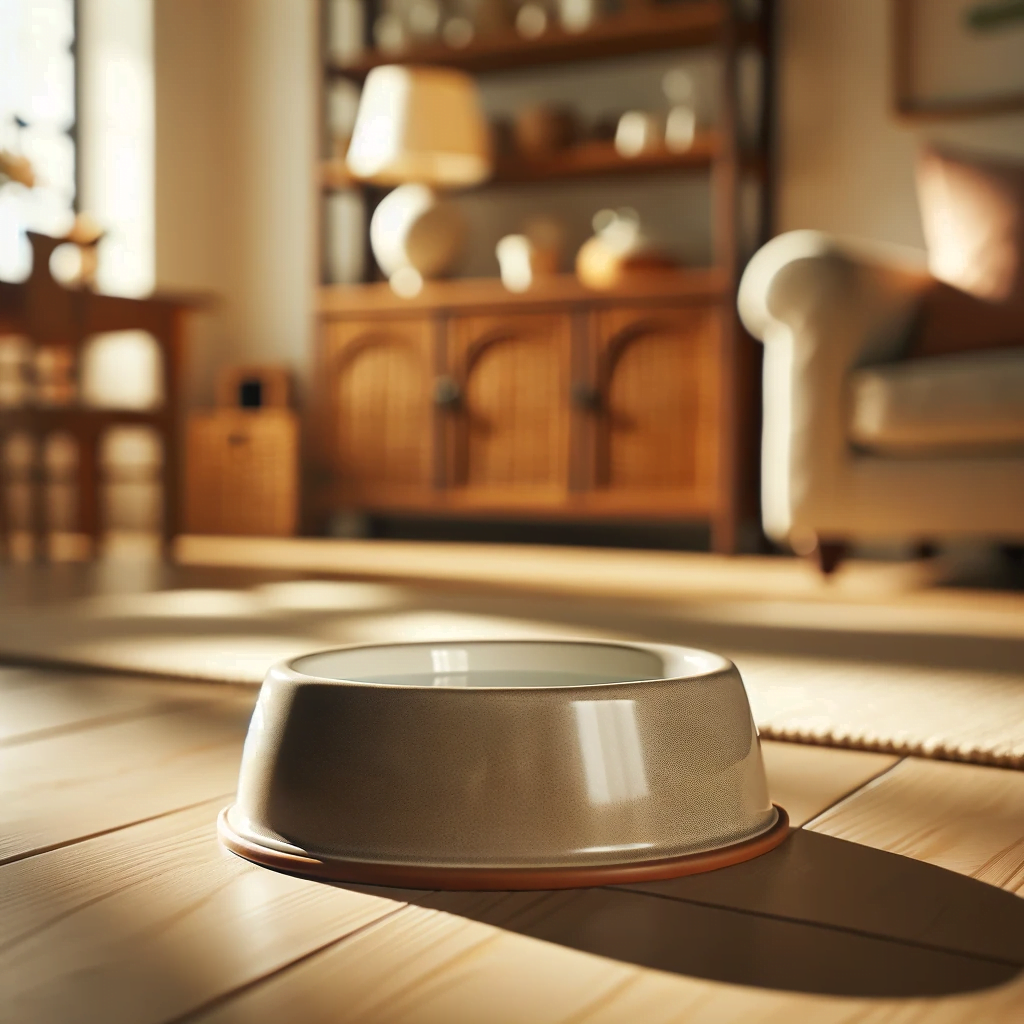 Photo of a traditional cat water bowl in a home setting