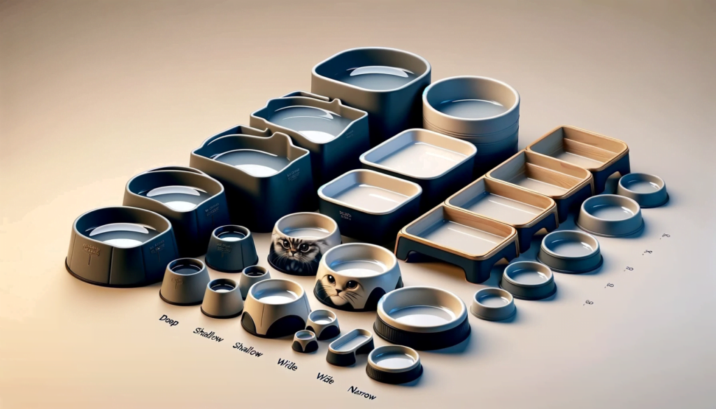 A comparison image showcasing different types of water bowls for cats - deep, shallow, wide, narrow.