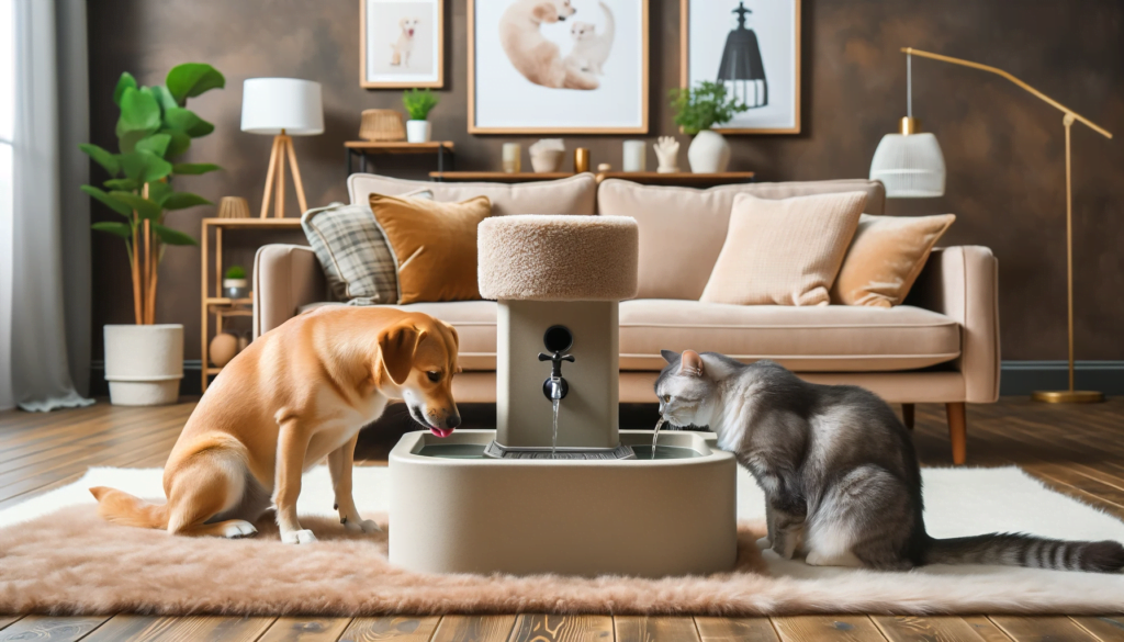 An image of a cozy home interior with a pet water fountain in a neutral space, featuring a dog and a cat drinking from it, illustrating a multi-pet household