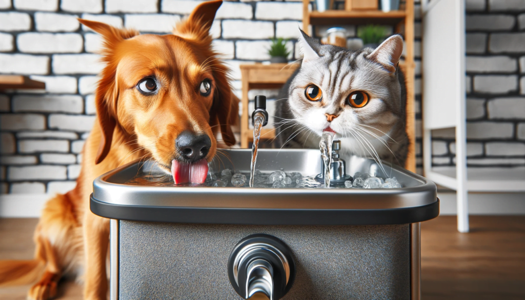 A dog and a cat drinking side by side from a pet water fountain answering the question on whether a dog can use a cat water fountain