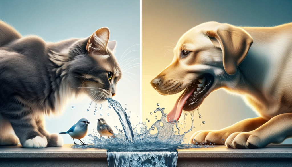 A split image, one side showing a cat delicately drinking from a flowing fountain and the other side showing a dog enthusiastically lapping water