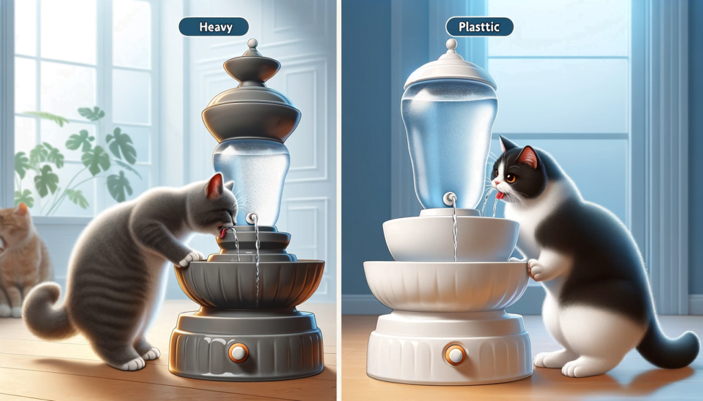 An image illustrating the stability and safety features of ceramic and plastic cat water fountains.