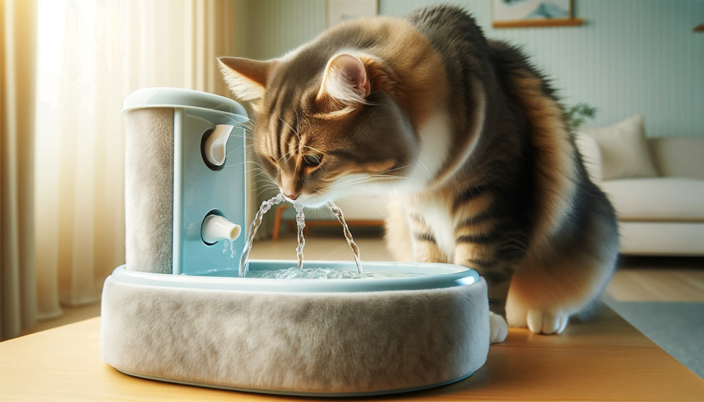 An image of a cat drinking from a cat-specific water fountain, showcasing the cat's natural preference for flowing water.