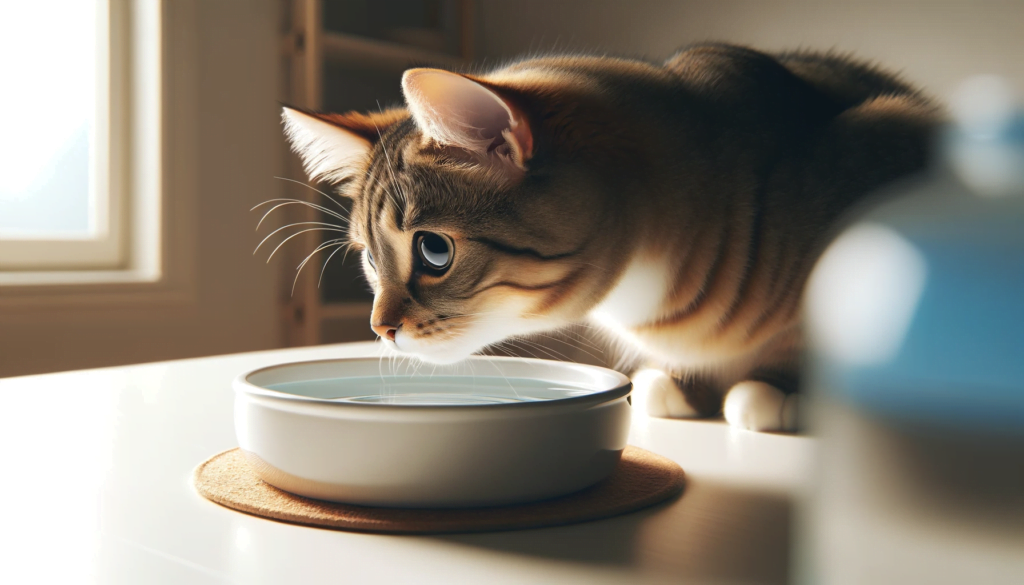 An image of a curious cat peering into a water bowl. The cat has an expression of caution or curiosity