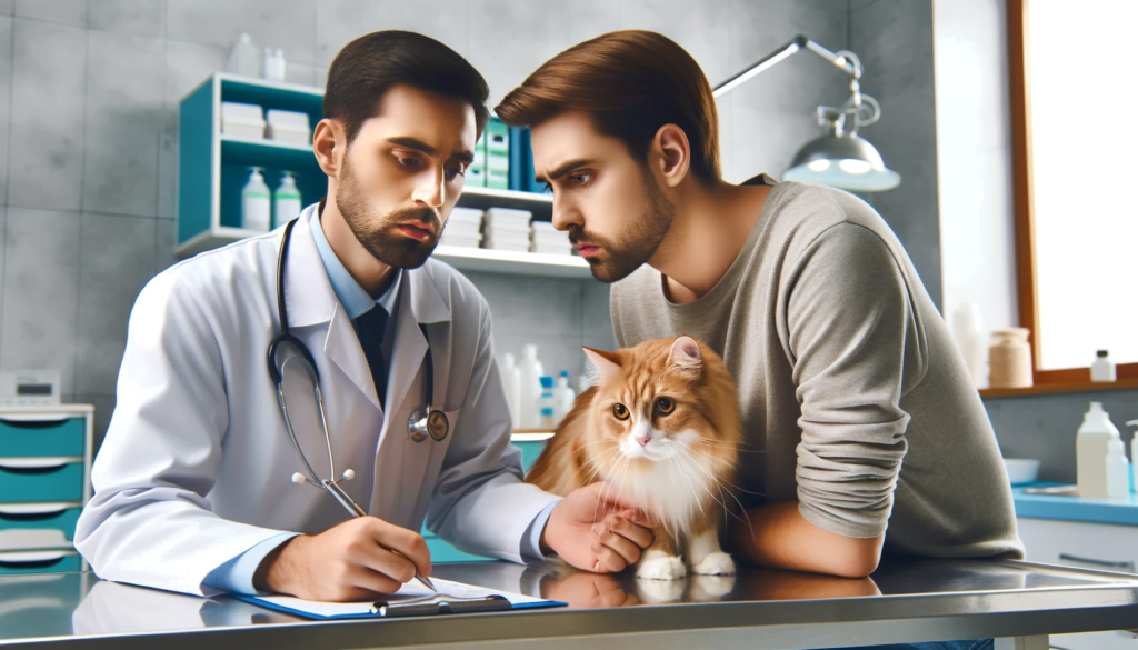 An image showing a concerned cat owner consulting with a veterinarian, with the cat present. 