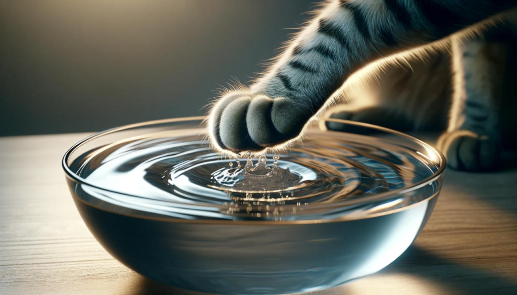 An image of a cat touching water to check the quality of water is one of the reasons why your cat splashes water out of bowl