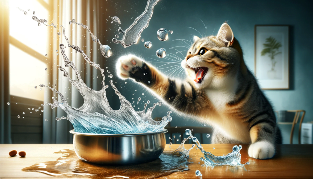 Image of a cat actively splashing water out of a bowl.