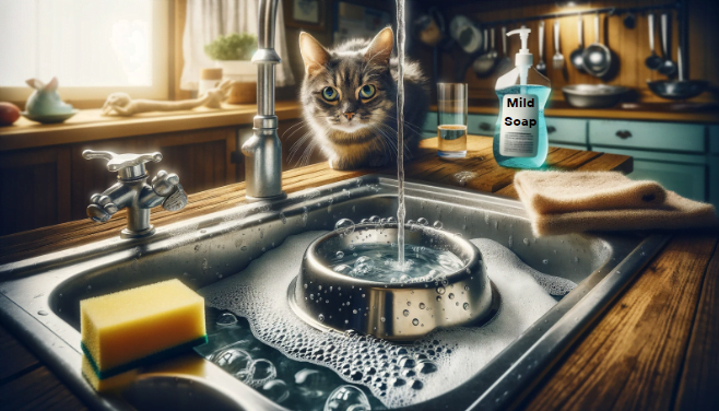 Image showing the cleaning of a cat water bowl