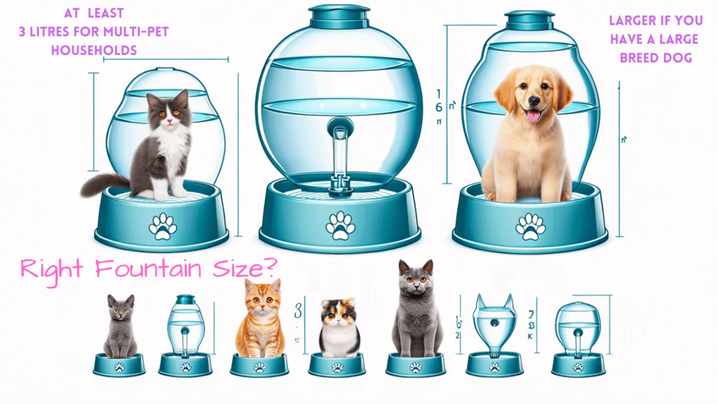 Visual illustration showing how to Choose the Right Fountain Size for Your Multi-Pet Household