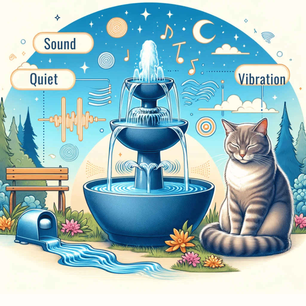 Illustration of sound and vibration levels in ceramic and stainless steel cat water fountains, emphasizing quiet operation