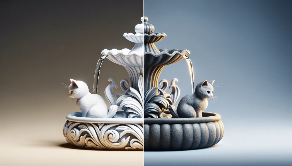 image contrasting the materials of ceramic and plastic cat water fountains