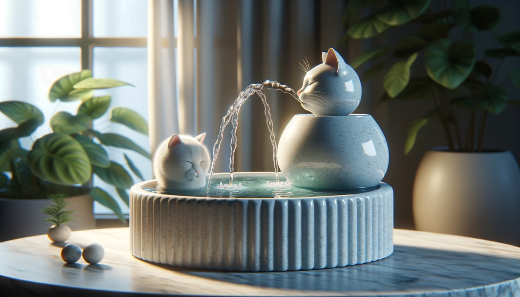 image depicting a ceramic cat water fountain in a serene and calm environment showing its a quiet cat fountain