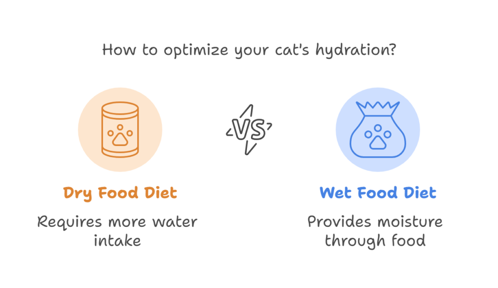 image showing that cat hydration will depend on whether cat is on wet or dry food