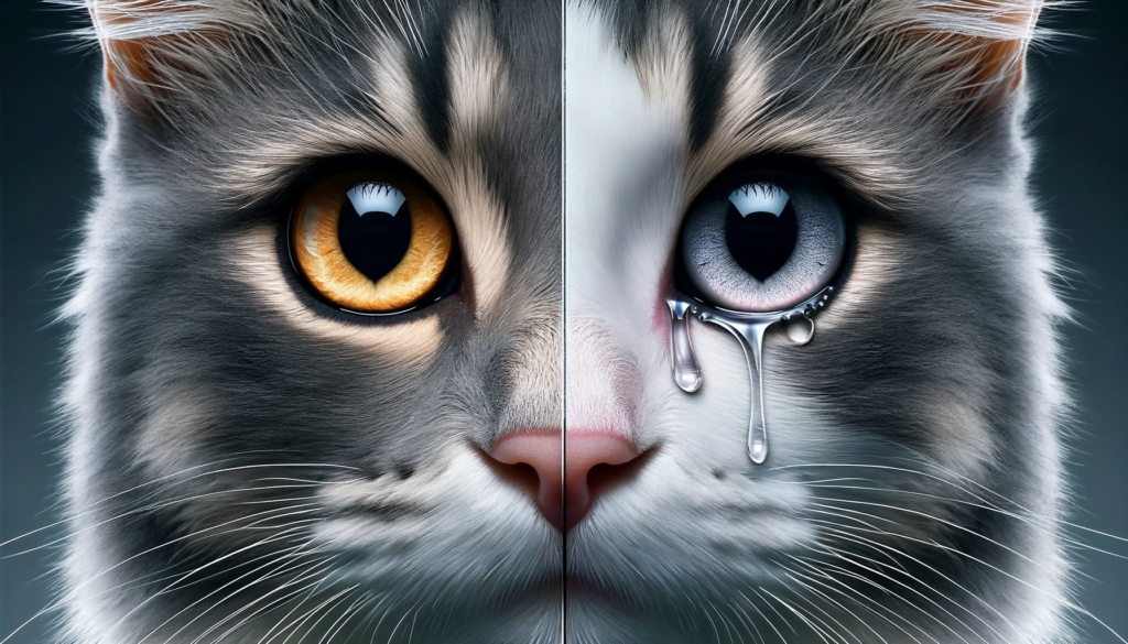 image that captures the balance between healthy tear production and potential issues in a cat's ocular health.