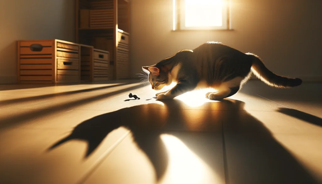 A cat in a playful pounce position in a sunlit area, with a toy or a shadow to chase, illustrating its readiness and agility.