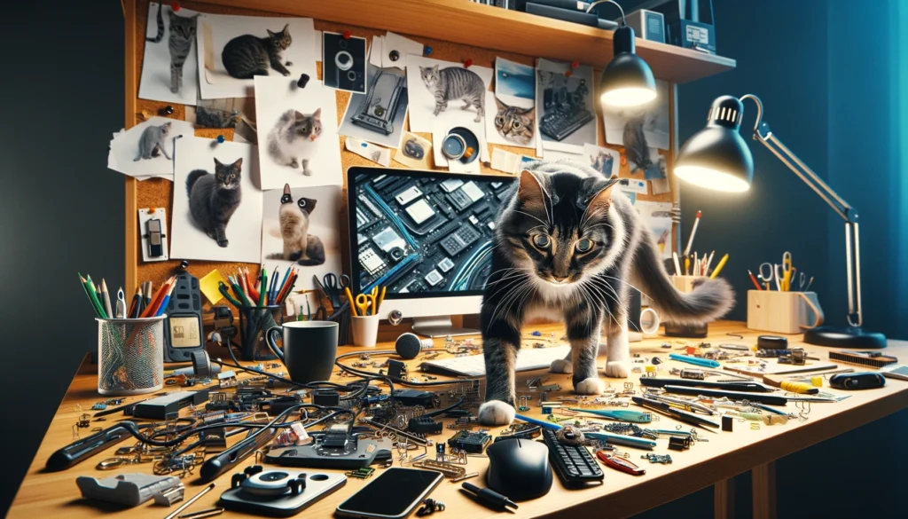 A curious cat exploring a tech-savvy person's desk. The desk is a dynamic environment filled with various items like shuffled papers, a cup, etc.