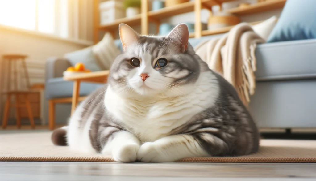 A photo of a relaxed overweight cat in a cozy home setting.