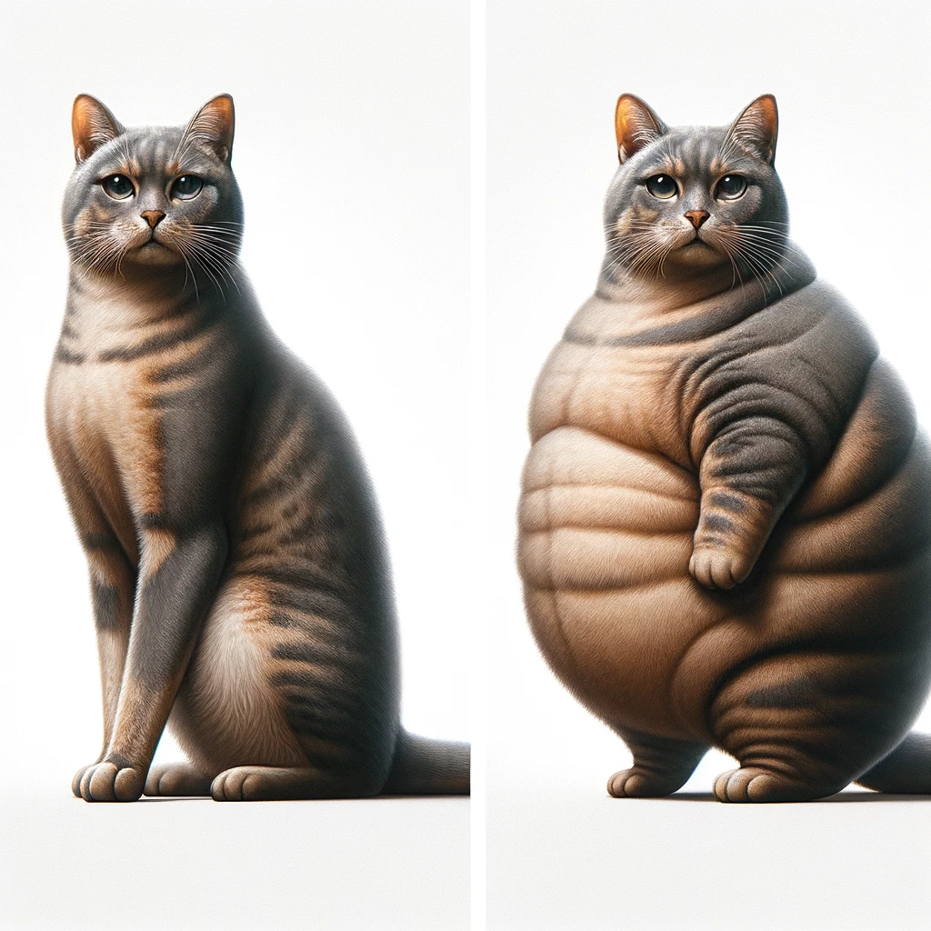 A split image showing a healthy cat on one side and an overweight cat on the other side of the image