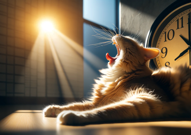 An Image of a cat yawning or stretching in a sunny spot with a clock or the transition from light to shadow