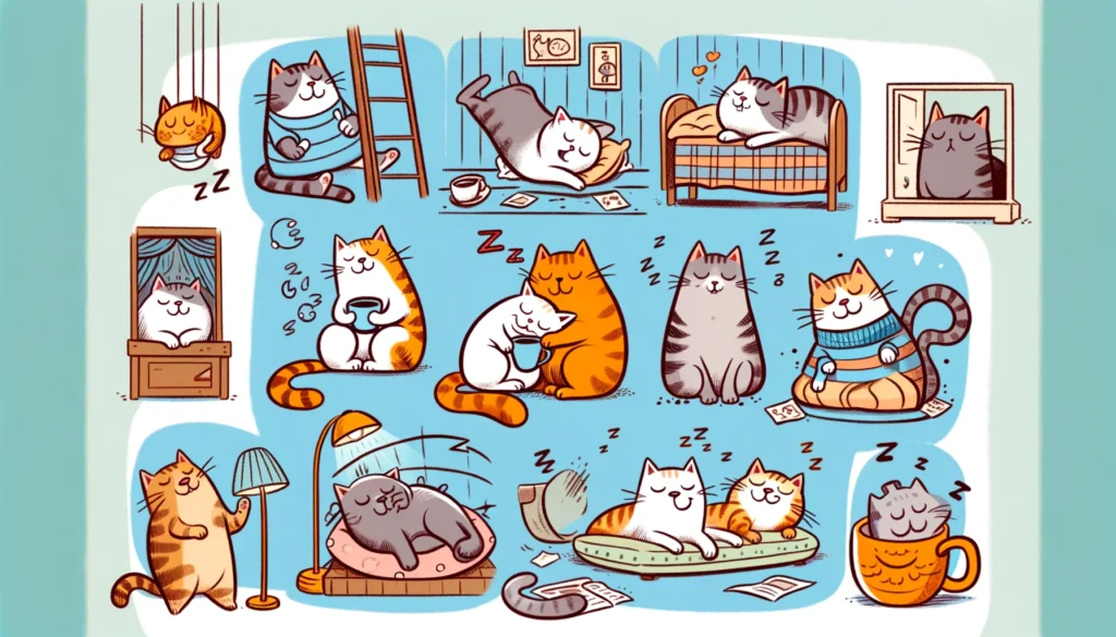 Comic strip humorously depicting cats in various sleeping positions or scenarios.