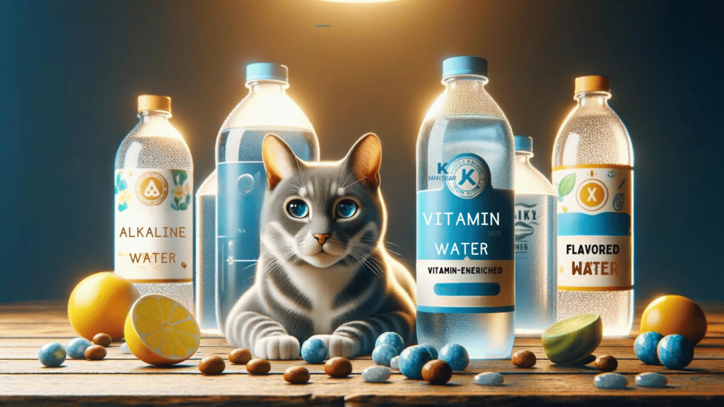 Graphic showing Alkaline, Vitamin-Enriched, and Flavored water as some of  Best Water Types for Cats 