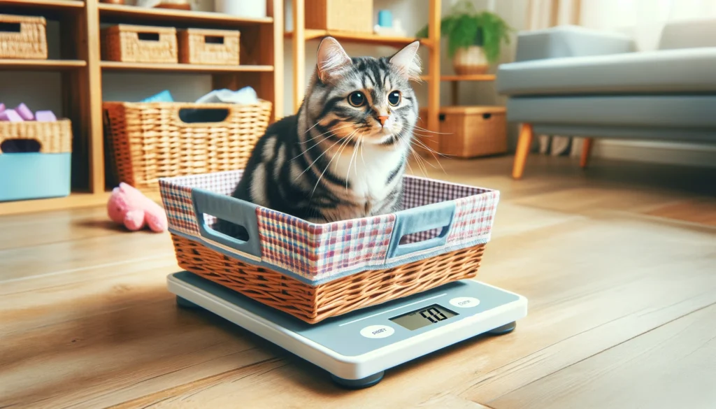 Image of a cat curiously sitting inside a basket or box on a scale is an effective way on how to weigh your cat