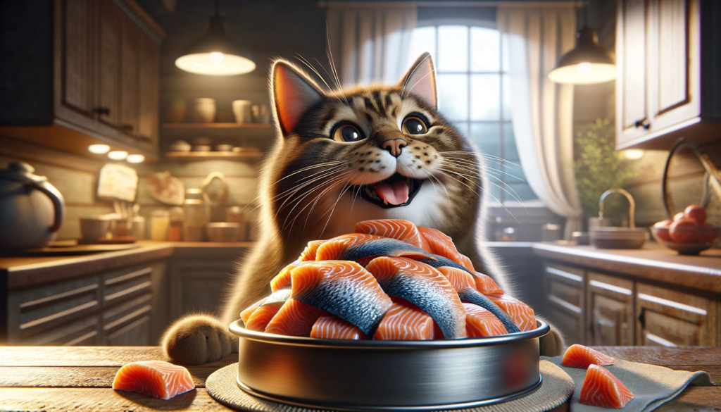 Image of a cat eagerly eating wet food, specifically salmon fillets, from a bowl.