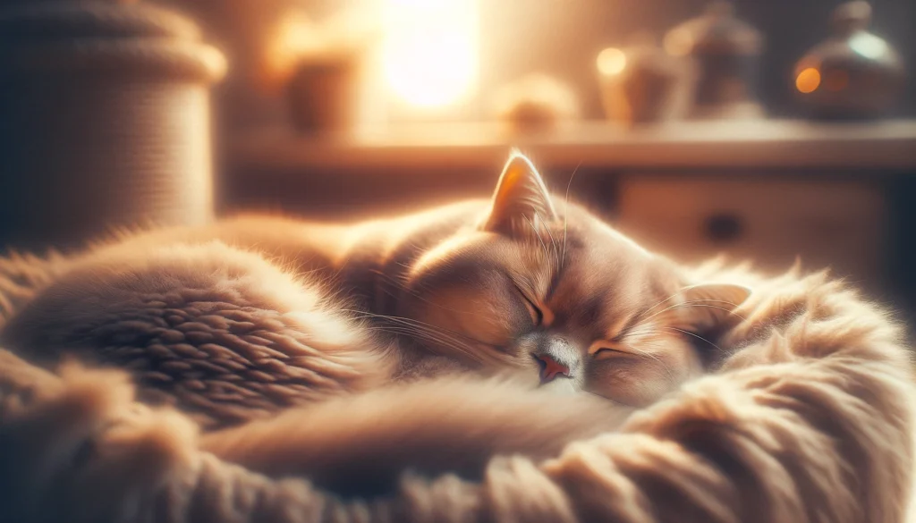 Image of a cat in a cozy sleeping position. The cat, looking peaceful and content, is curled up in a warm, soft setting