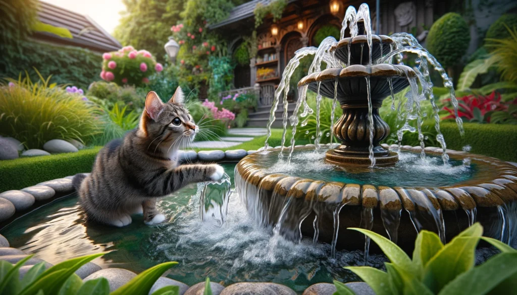 Image of a cat interacting with a running garden fountain. The cat is curiously pawing at the water, showing interest and engagement.