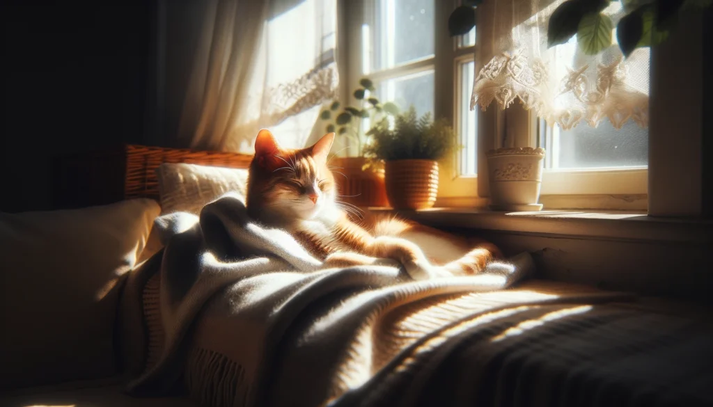 image of a cat lounging in a sunlit spot, by a window, capturing the essence of relaxation and contentment.