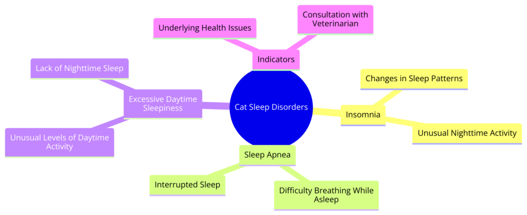 mind map diagram illustrating common sleep disorders in cats and their indicators