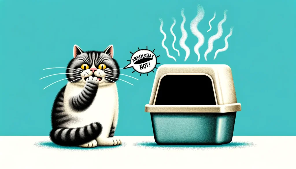 A cat giving a dirty litter box a wide berth, with an exaggerated look of disgust on its face showing its hate towards dirty litter boxes